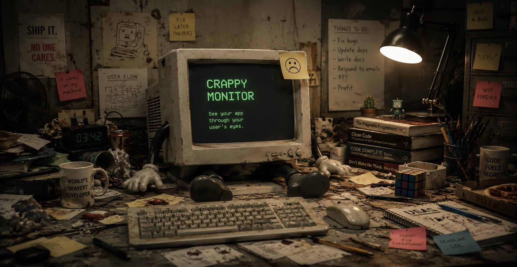 A grimy beige CRT monitor with little cartoon arms and legs, slumped at a cluttered developer desk under a lamp — surrounded by sticky notes, stained coffee mugs and programming books. Its green phosphor screen reads: Crappy Monitor — see your app through your user's eyes.