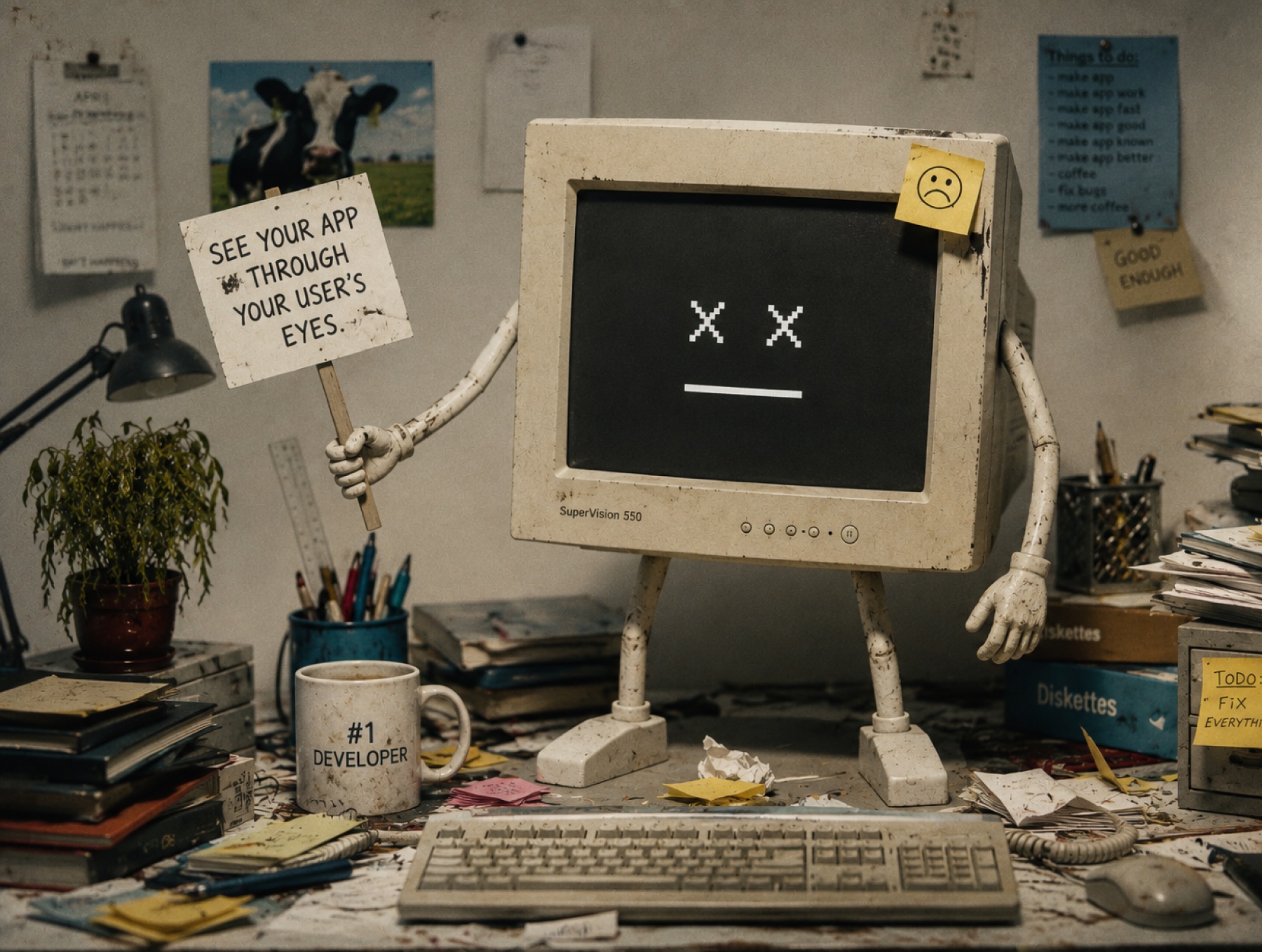 A grimy beige CRT monitor with little cartoon arms and legs, holding a protest sign reading 'See your app through your user's eyes' at a cluttered developer desk — surrounded by sticky notes, stained coffee mugs and programming books.